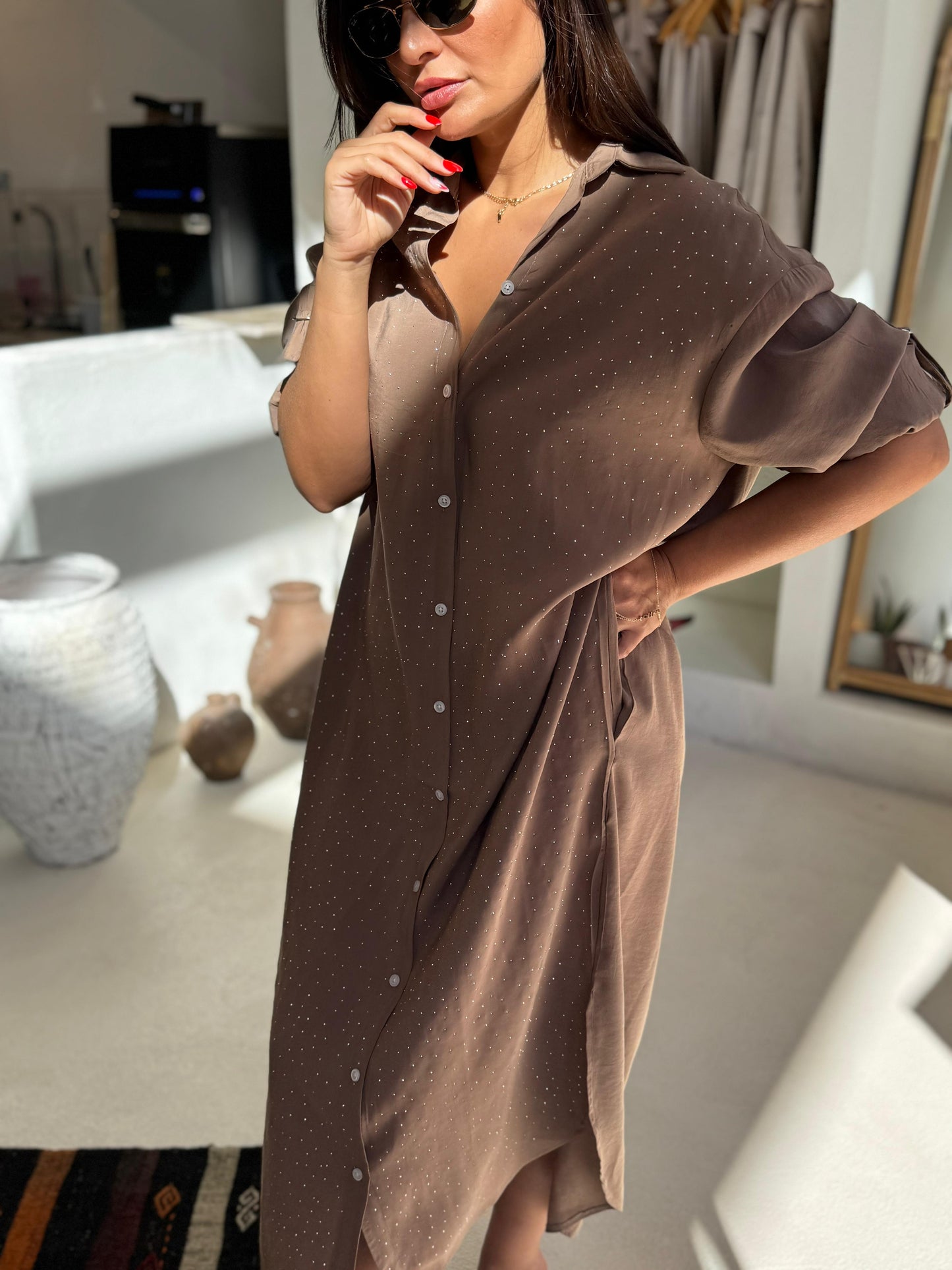 Tencel Kumaş Gömlek Elbise | Kahverengi