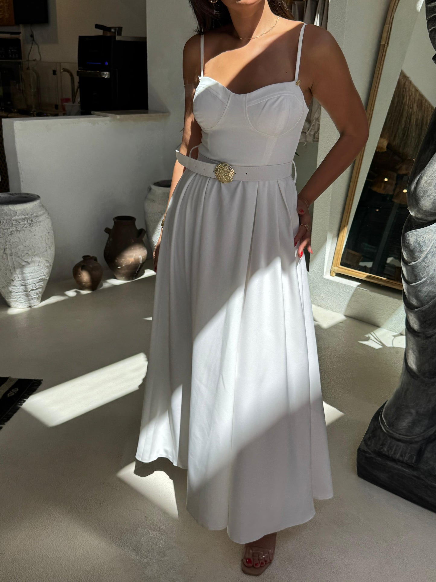 Gold Kemer Detaylı Elbise | Beyaz