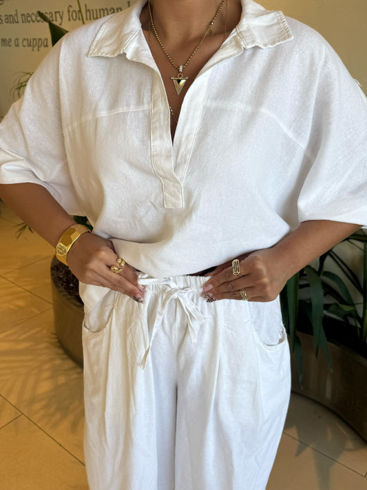 Premium Kalite Keten Şalvar Takım | Beyaz