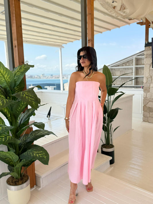 Keten Straplez Elbise| Pembe