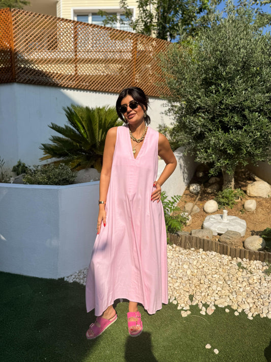 Keten Kumaş Cepli Maxi Boy Elbise | Pembe