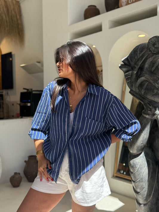 Premium Kalite Çizgili Tensel Gömlek | Mavi