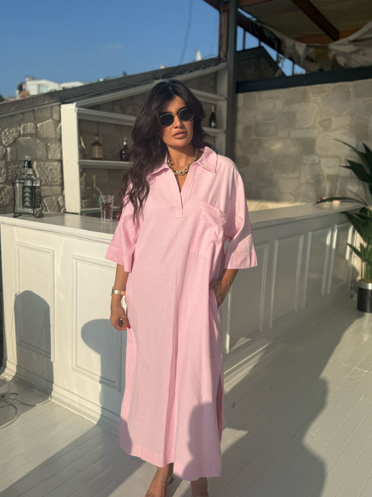 Keten Elbise Yandan Yırtmaçlı | Pembe