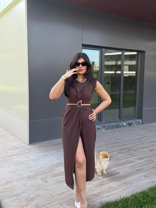Gold Toka Pencere Detaylı Elbise | Kahverengi