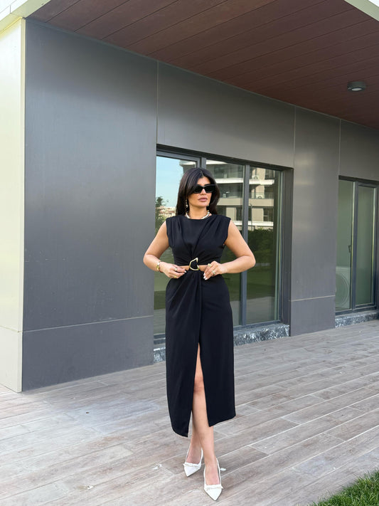 Gold Toka Pencere Detaylı Elbise | Siyah