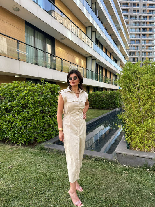 Keten Gold Düğme & Kemer Detaylı Premium Kalite Elbise | Açık Bej