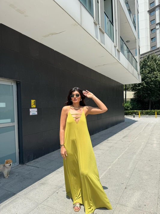 Sırtı Açık-Yaka Önü Biyeli Maxi Boy Elbise | Sarı