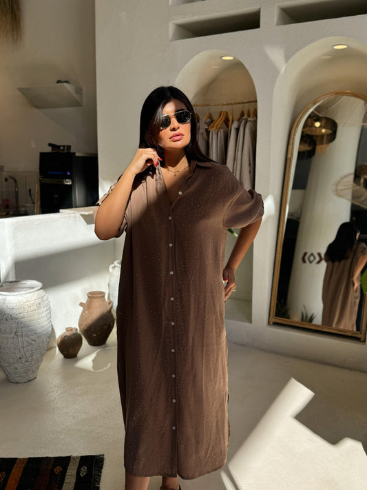 Tencel Kumaş Gömlek Elbise | Kahverengi