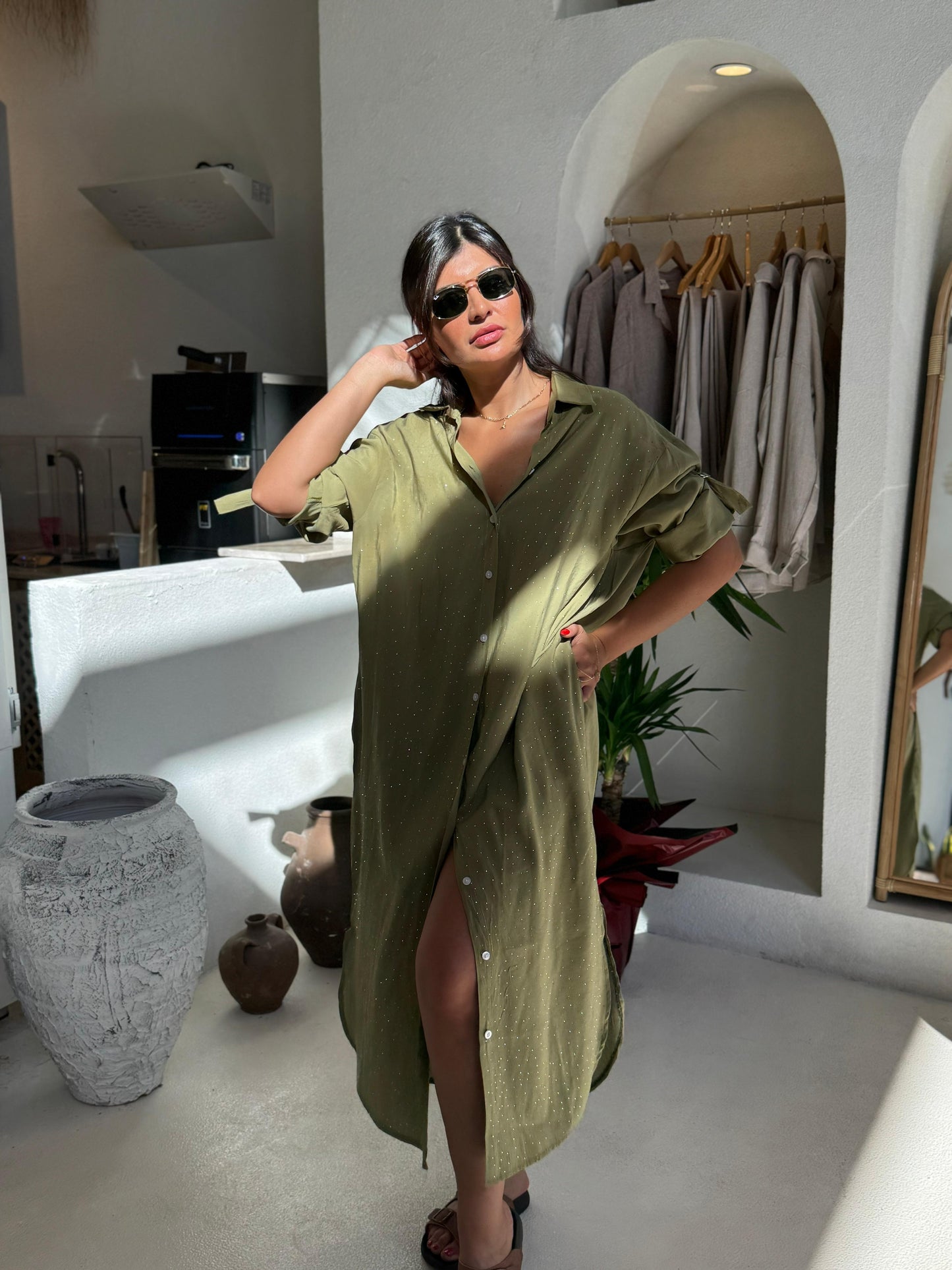 Tencel Kumaş Gömlek Elbise | Haki Yeşil