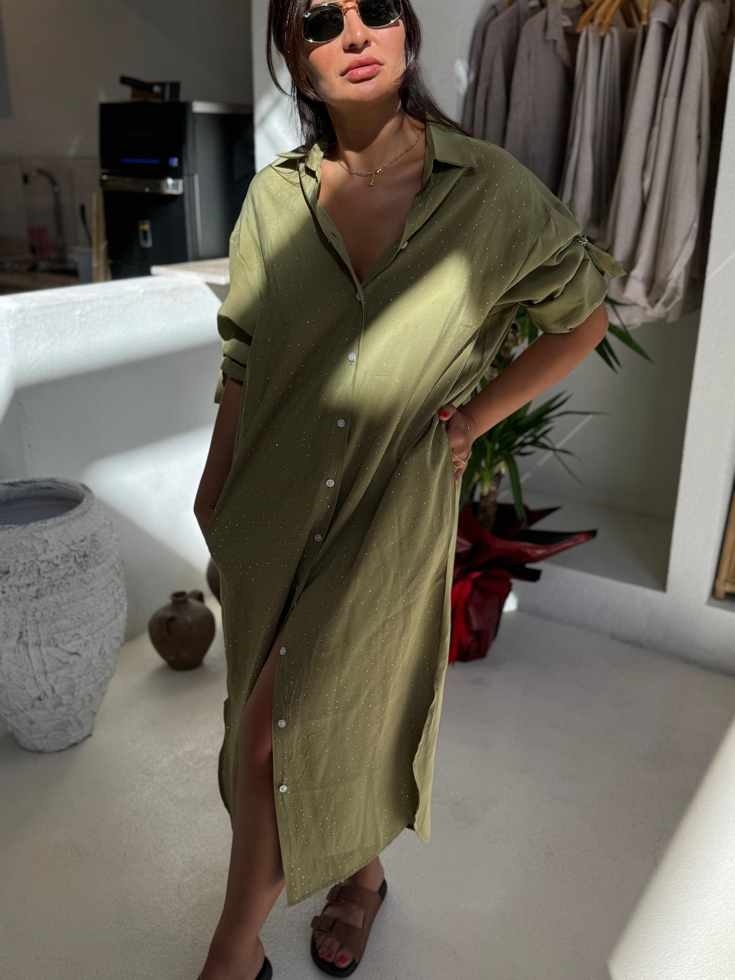 Tencel Kumaş Gömlek Elbise | Haki Yeşil