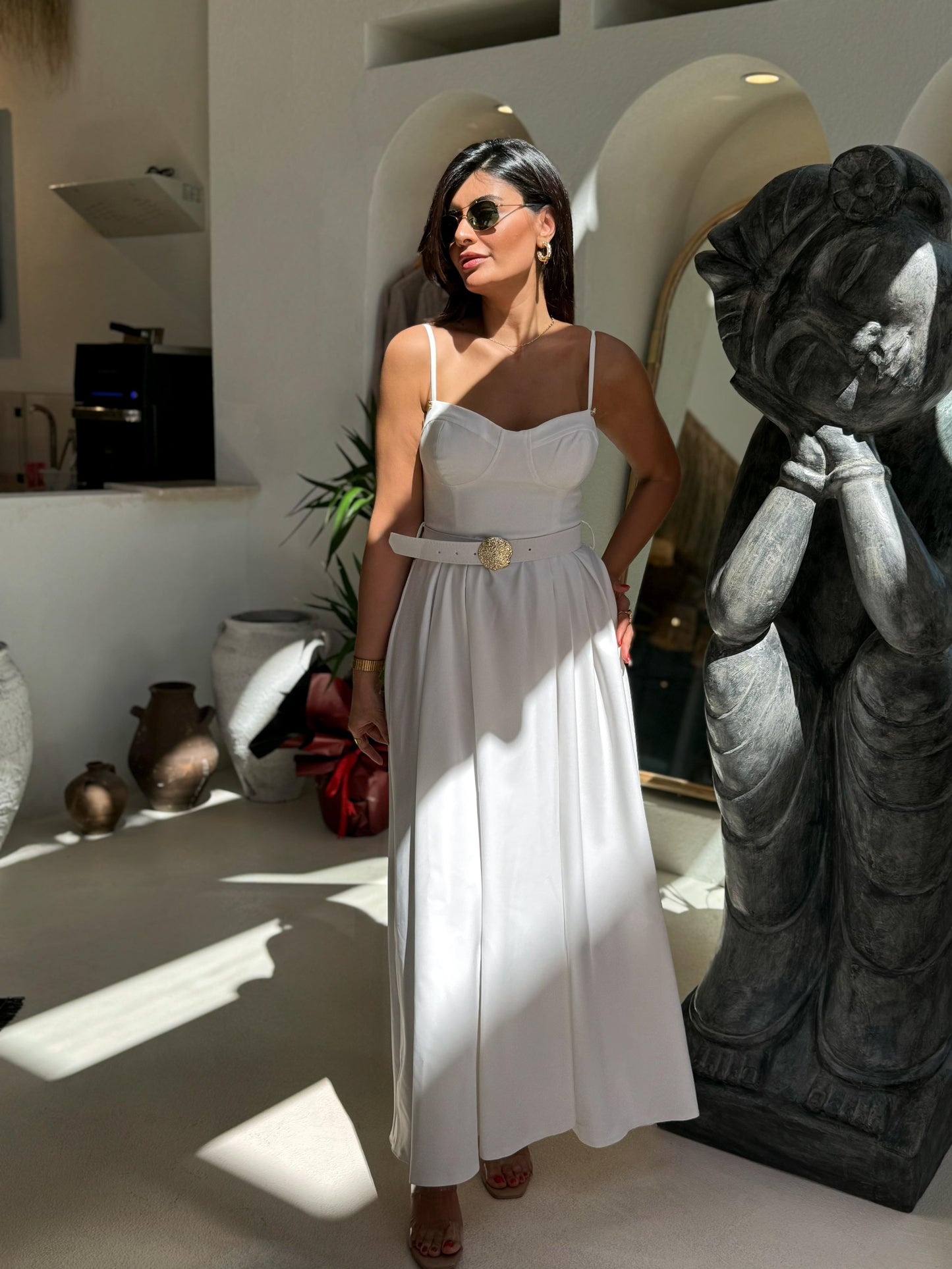 Gold Kemer Detaylı Elbise | Beyaz